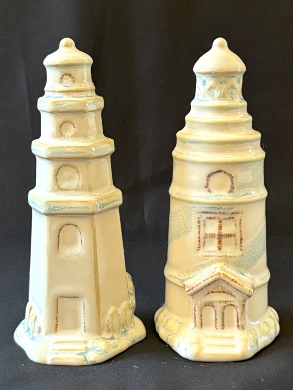 Ceramic Lighthouse Salt & Pepper Shakers Distressed Blue Cream Nautical Coastal